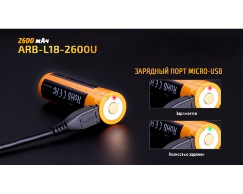 Аккумулятор 18650 Fenix 2600 mAh ARB-L18-2600U micro usb зарядка